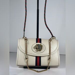 Authentic Gucci Rajah Tiger Cream Leather Shoulder Bag with Chain